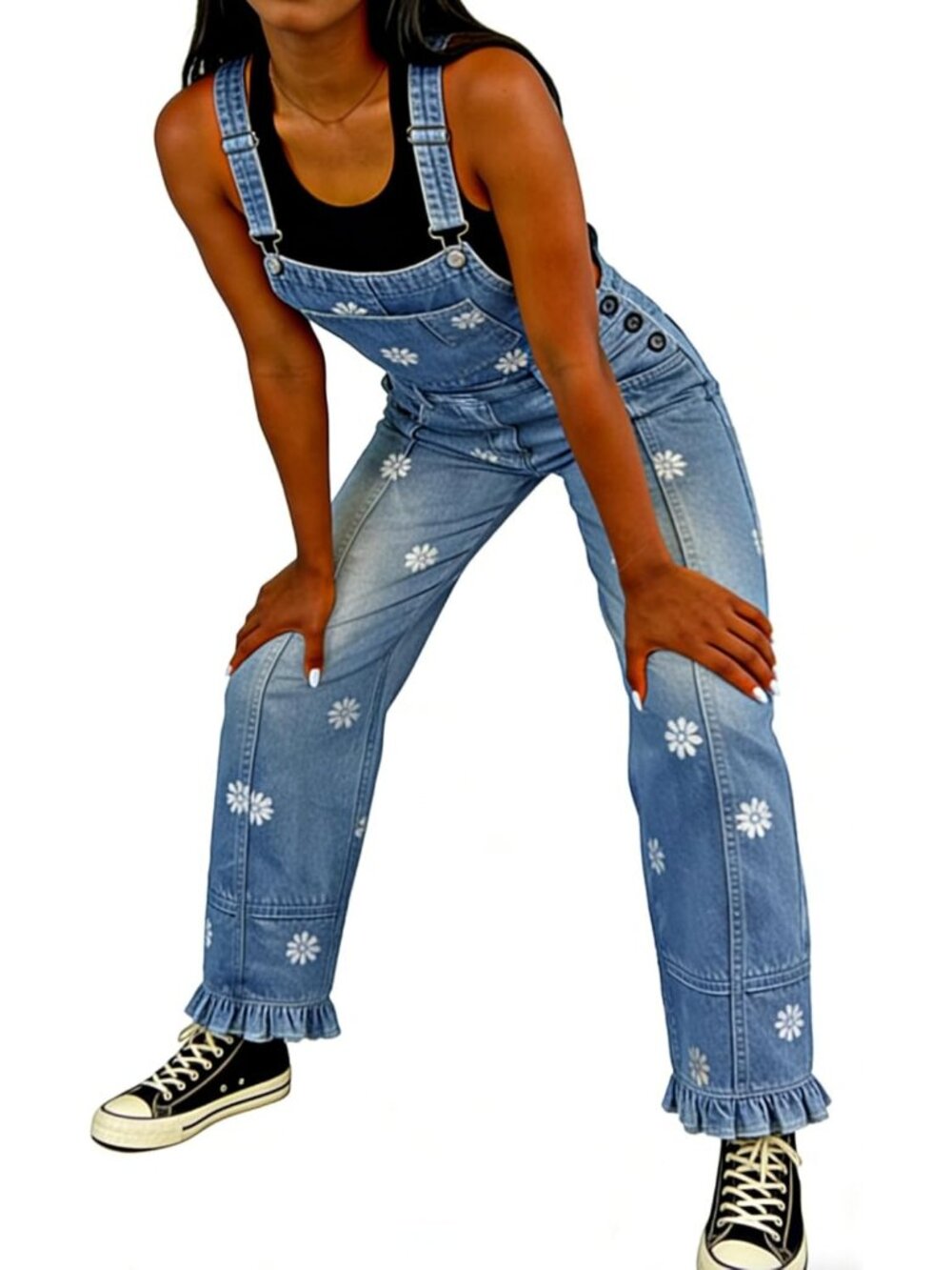 Women's Blue Floral Denim Overalls Baggy Patchwork Barrel Jeans Jumpsuit Floral - Picture 4 of 7